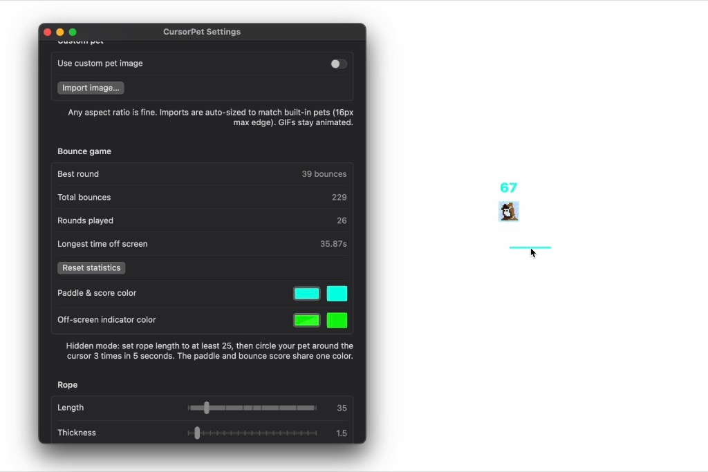 cursorpet settings showing bounce game stats and colors, with the live mini-game score on screen